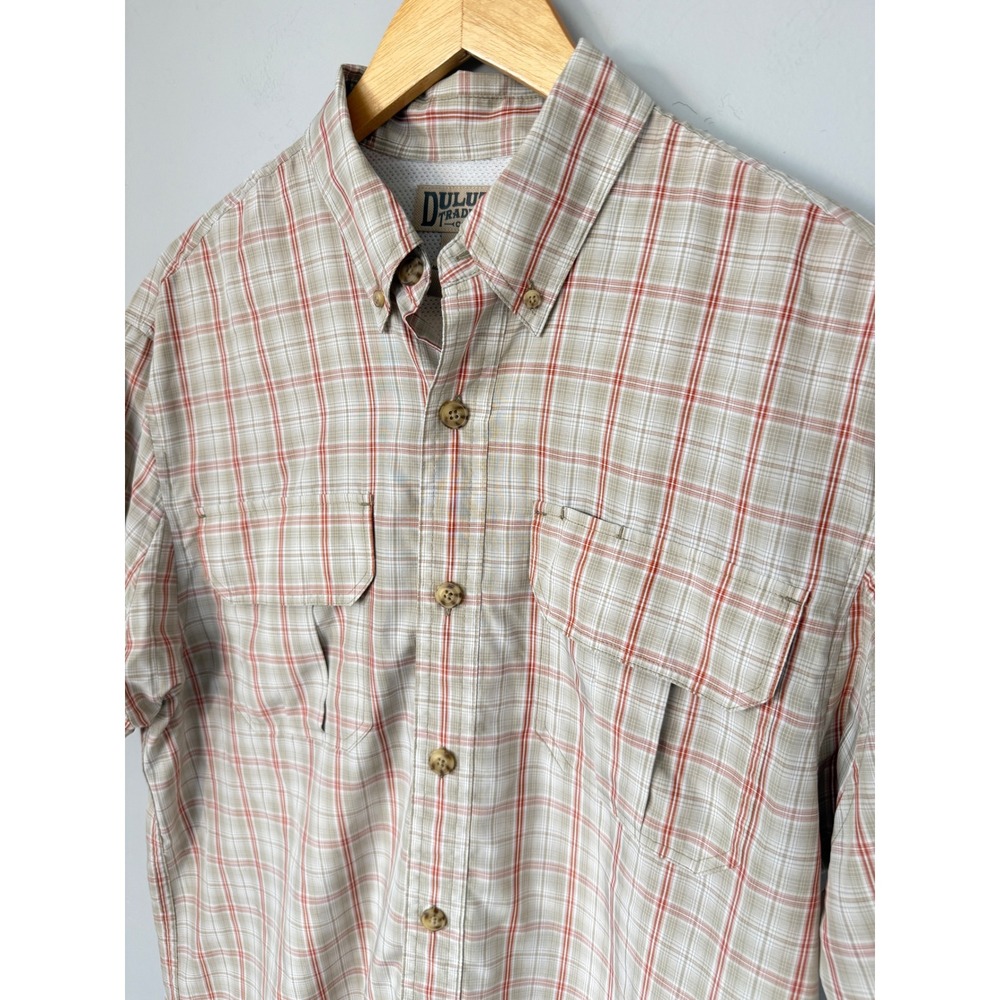 Duluth Trading Co Mens Medium Vented Short Sleeve Plaid Hiking Shirt Tan Red